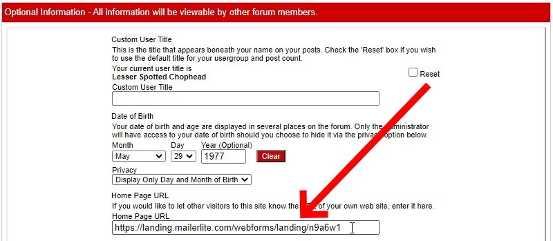 Add Your Signup Box Url To The Home Page Url Field